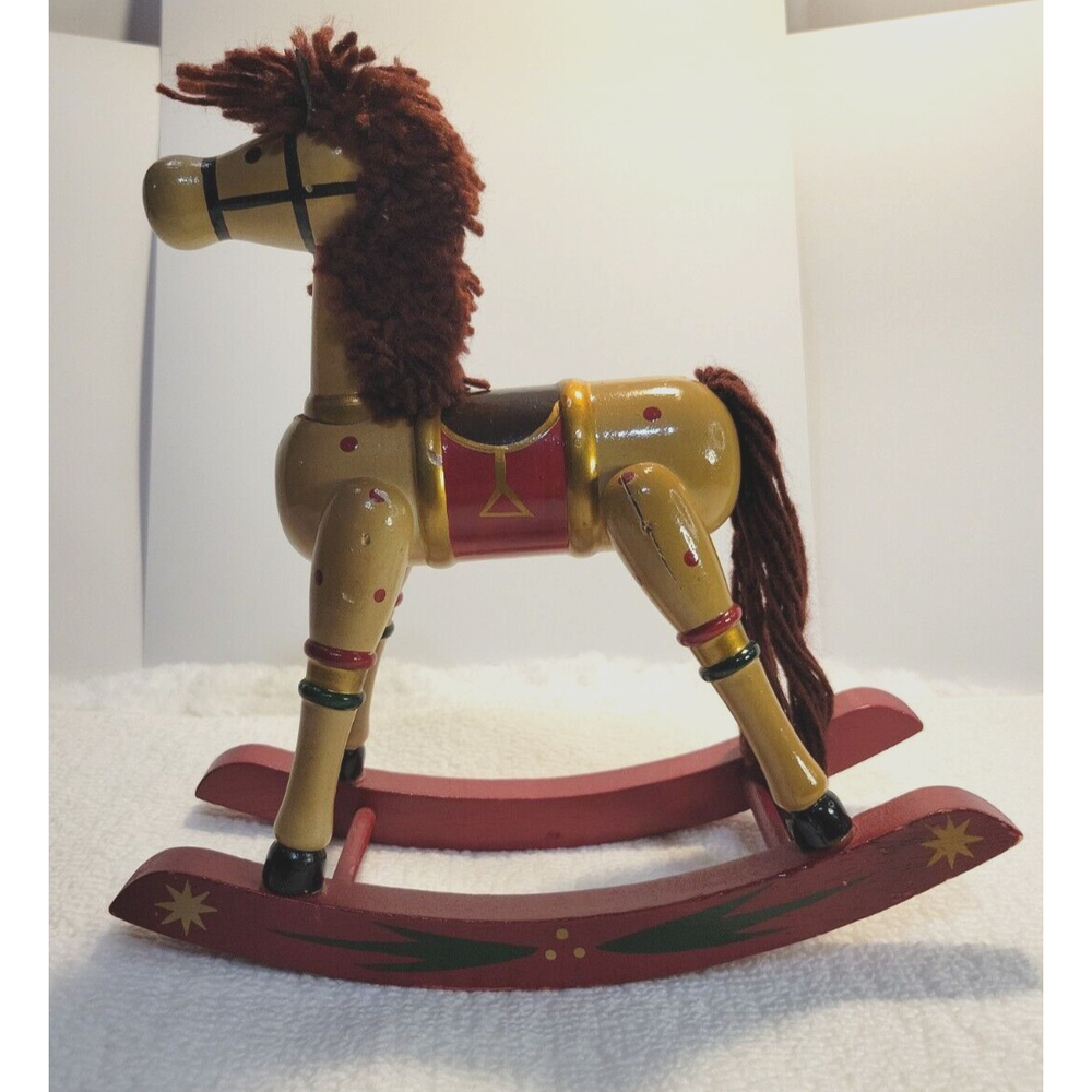 Wooden Rocking Horse Decoration. 11 inches tall with Leather Ears and Yarn Hair